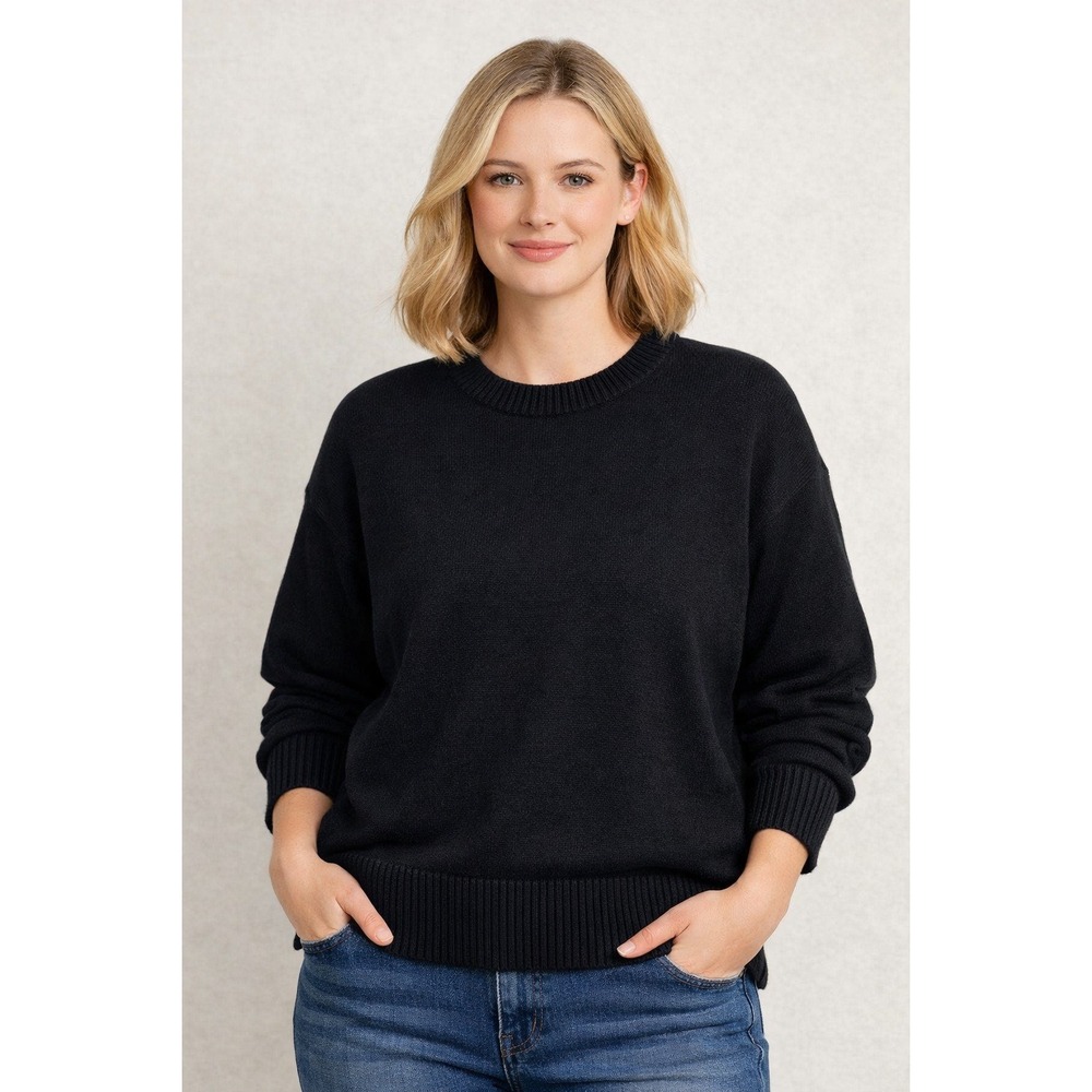 Lands End Drifter Black Cotton Crewneck Sweater Womens Large Petite LP 14-16 NEW